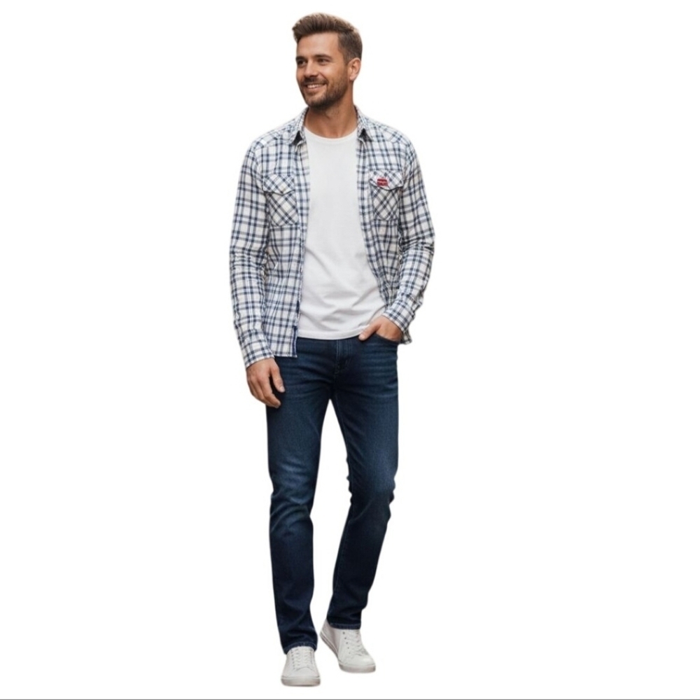 Superdry NWT White Blue Plaid Button Down Shirt London Japan Size S